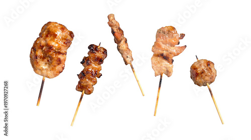 Schilderij op canvas Mixed assortment of grilled pork skewers including traditional chunks and juicy meatballs, isolated on transparent