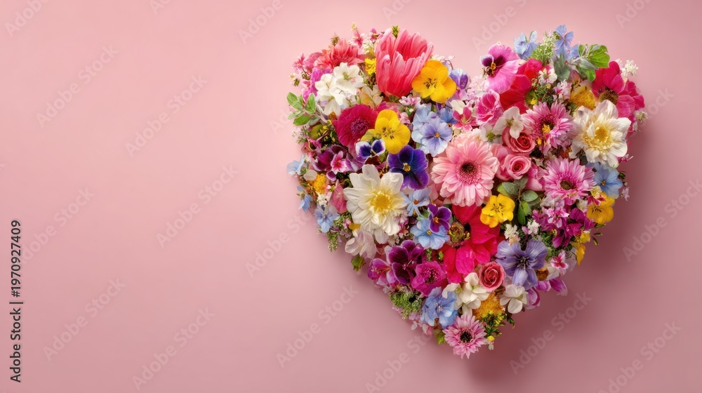 Obraz premium Heart-shaped floral arrangement composed of colorful fresh flowers with varied textures and delicate petals on a soft pink background