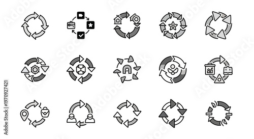 Cycle and Process Icons Set: Business Workflow, Development, and Recycling Symbols