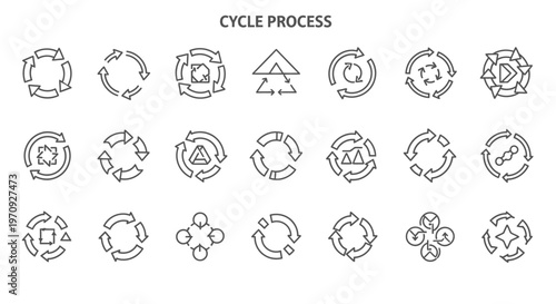 Cycle Process Icons Set: Circular Arrows, Workflow, Loop, Refresh, Repeat Symbols