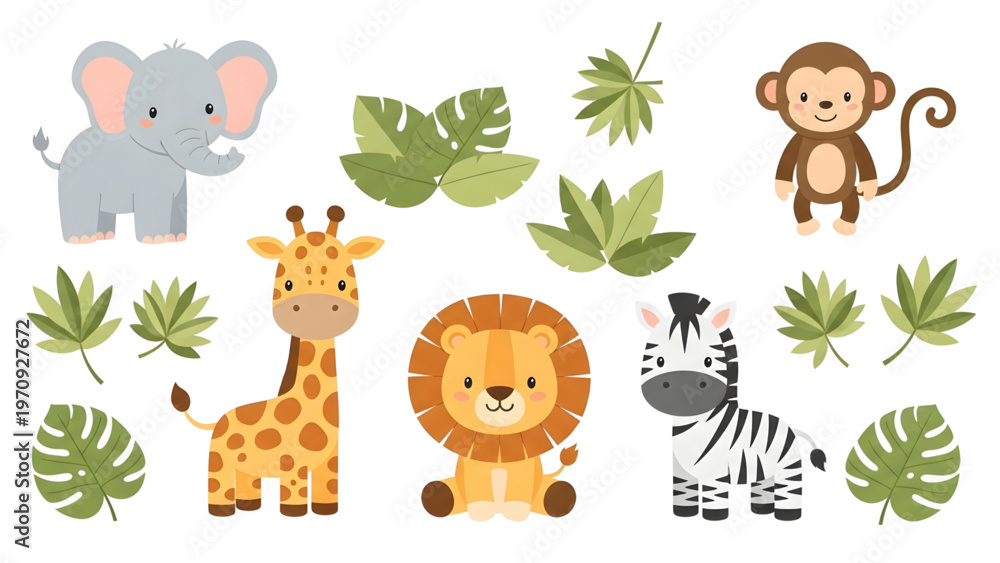 Naklejka premium Cute safari animals and vegetation vector collection for baby nursery, jungle elements set isolated on white background