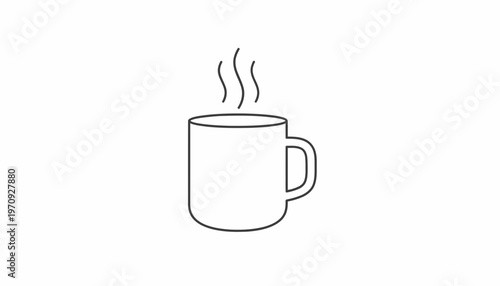 Hot Coffee Mug with Steam Rising, Simple Line Art Icon on White Background