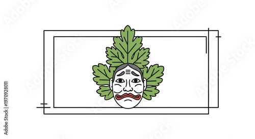 Japanese Noh Mask with Green Leaves in Rectangle Frame