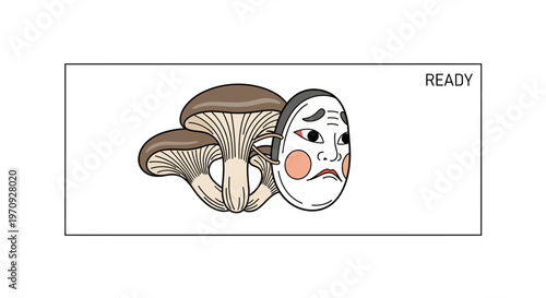 Japanese Noh Mask Hiding Behind Fresh Shiitake Mushrooms
