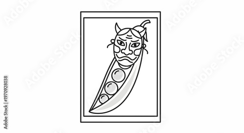 Japanese Oni Mask Inside Pea Pod with Peas - Surreal Food Art