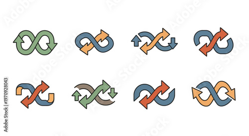 Infinity Loop Arrow Icons Set: Continuous Cycle and Workflow Concepts