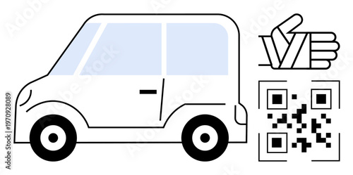 Car sharing, online rental, transportation services, ride-sharing, QR payment, mobile tech. Simple car design with a QR code and approval hand gesture. Car sharing and online rental services concept