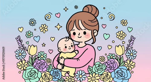 Mother hugging infant surrounded by colorful flowers digital illustration