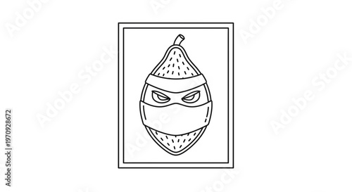 Funny Pear Ninja Character with Mask - Line Art Illustration