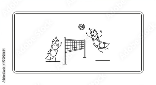 Funny Peas Playing Volleyball Game on Court with Net and Ball