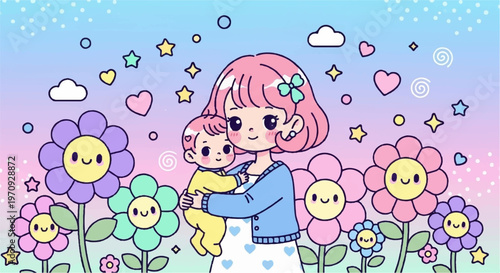 Mother holding baby with smiling flowers in whimsical garden illustration