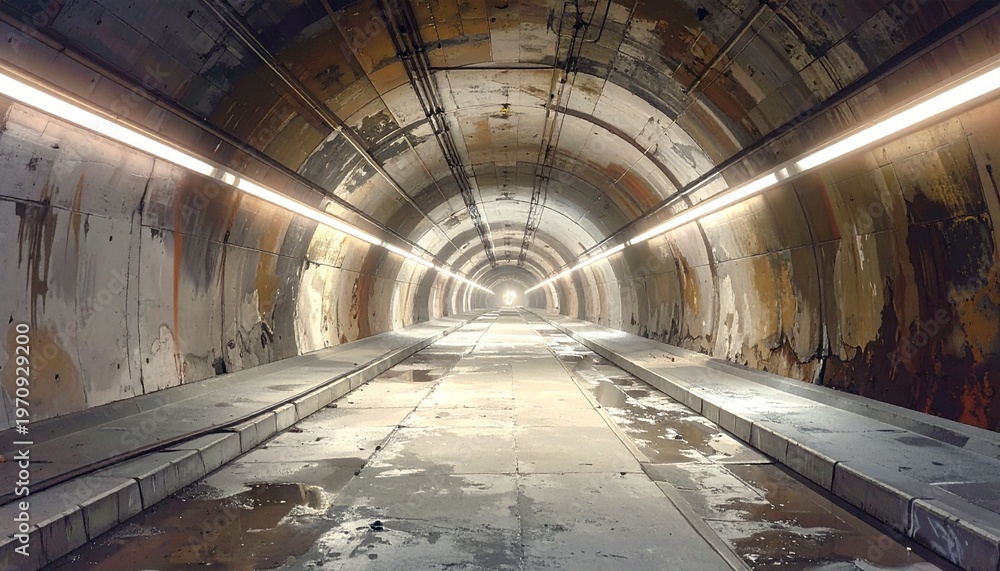 Obraz premium Abandoned subway tunnel with graffiti and dim lighting, urban decay perspective