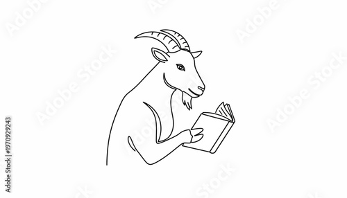 Funny Goat Reading a Book, Line Art Illustration