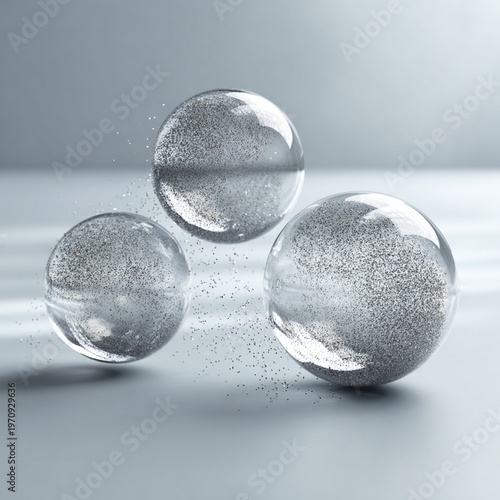 Transparent gray spheres with a gray background, bright 3D circles at ground level leaving the top free for copyspace