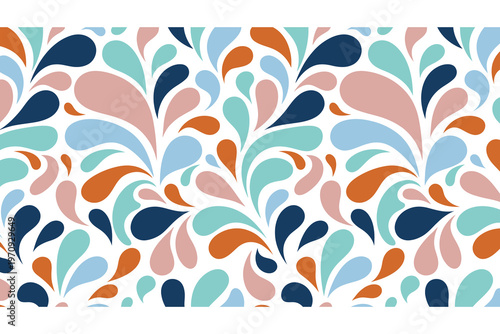 Retro teardrop seamless pattern vector, colorful organic splash background, mid-century modern abstract print with blue and orange water drops