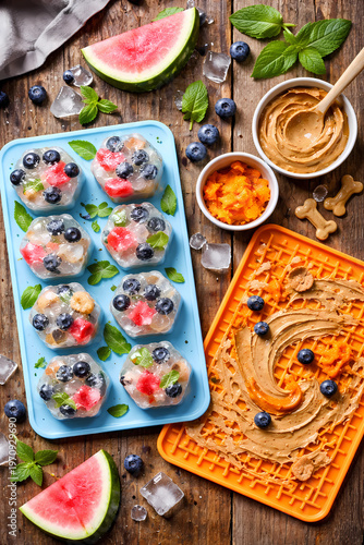 Top-down 2:3 shot of homemade frozen dog treats with berries and mint on a rustic table, next to a silicone lick mat. High-end pet care.