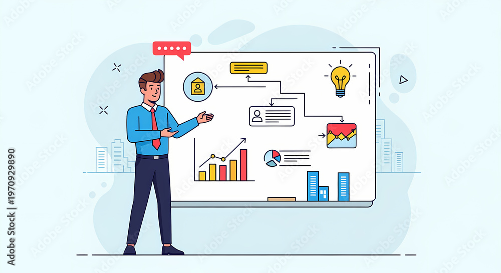 Obraz premium Businessman presenting data charts and ideas on whiteboard in office