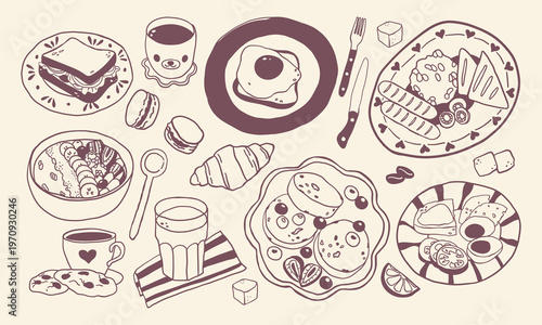 Set of breakfast time food icons hand drawing line art flat vector illustration, featuring coffee, pancakes, eggs and bakery items food collection for menus, cafes, packaging and branding .