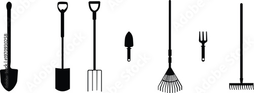 Set of garden tools spade, rakes, pitchforks, shovels. Vector illustration. Garden tools silhouette set with shovel, pitchfork, leaf rake and soil rake, outdoor farming equipment, cad drawing flat vec