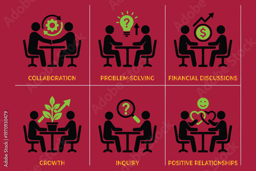 Business collaboration icon set, professional problem solving and financial discussion symbols, corporate growth and positive relationship vector elements