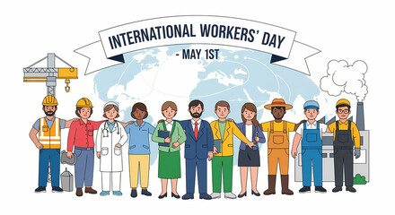 Diverse group of workers representing various professions celebrating International Workers' Day