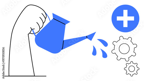Growth, progress, productivity, healthcare improvement, development, nurturing ideas. Hand holds a watering can sprinkling water near a health cross and gear icons. Growth and progress concepts