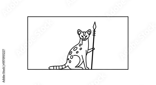 Cute Spotted Civet Holding a Spear, Stylized Line Art Illustration