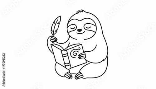 Cute Sloth Reading Book with Feather Pen, Cartoon Style
