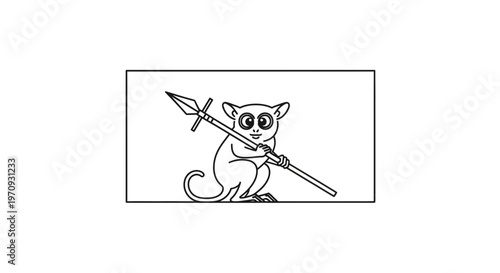 Cute Tarsier Holding a Spear, Cartoon Style