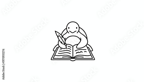 Cute Turtle Writing in Open Book with Quill Pen, Whimsical Illustration