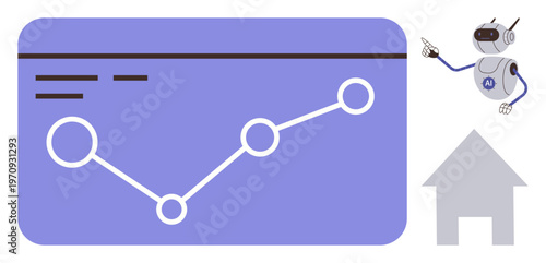 Technology, data analytics, automation, artificial intelligence, home innovation, growth tracking. A robot pointing at a graph-line chart with a home icon. Data analytics and automation concepts