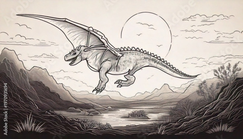 Ancient Dragon Creature Flying Over Mountain Landscape Illustration.