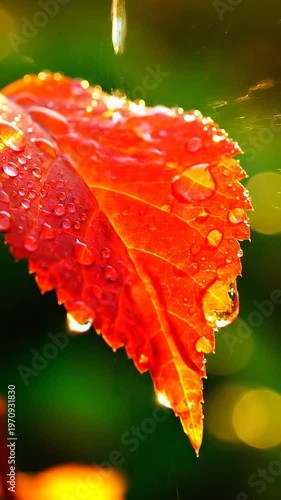 Macro close-up of a vibrant red and orange autumn leaf with serrated edges covered in clear water droplets against a blurred green and yellow bokeh background with natural light.