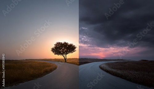 Empty road with a solitary tree on the left side, surrounded by grassy fields under changing sky conditions, featuring a clear and dramatic twilight scene