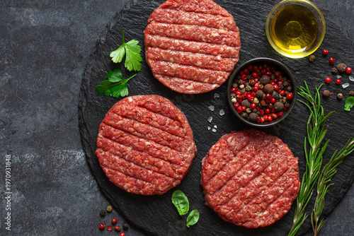 Raw ground beef burger patties