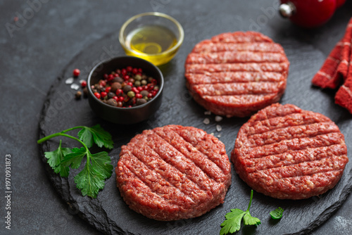 Raw ground beef burger patties