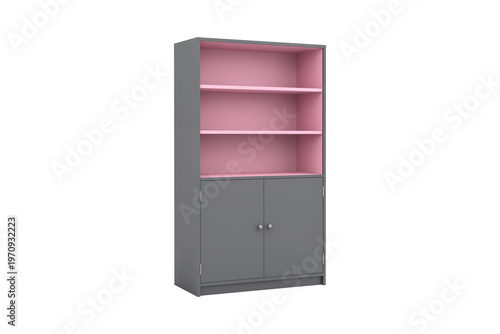 Sleek Tallboy Cabinet with Grey Doors and Pink Shelving for Modern Storage Solutions