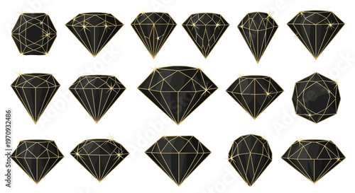 Collection of black diamond shapes with gold outlines.