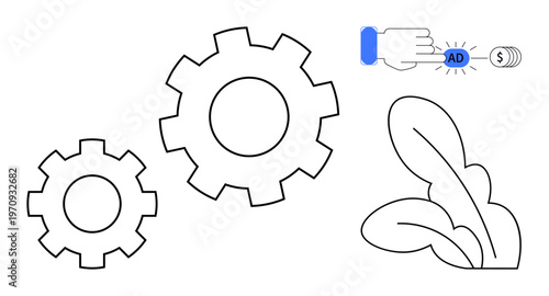 Marketing automation, PPC advertising, digital growth, campaign optimization, analytics, business technology. Two gears, a hand clicking a pay-per-click button and minimalistic leaves. Marketing