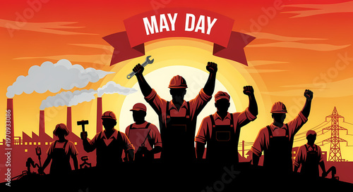 Silhouettes of industrial workers celebrating May Day with factory background at sunset