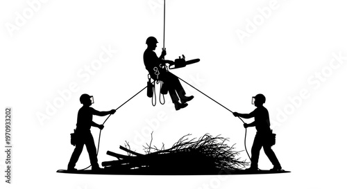 Workers utilize ropes to maneuver a suspended chainsaw operator near a woodpile