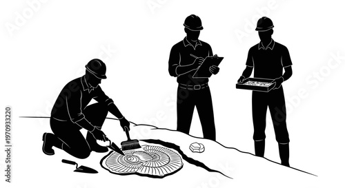 Workers inspect and repair a manhole cover on a road with tools