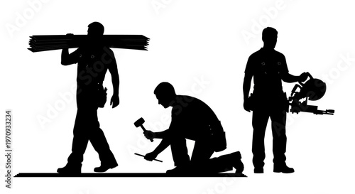 Workers constructing building with tools and materials on site outdoors