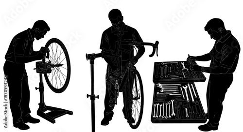 Three mechanics repair bicycle with tools in workshop setting
