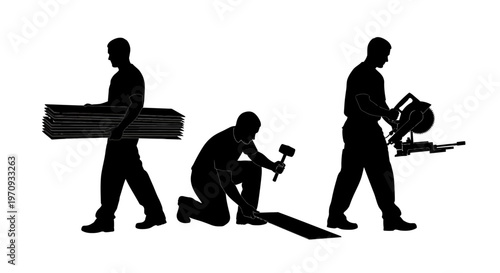 Three construction workers are installing roofing materials on a building site with tools