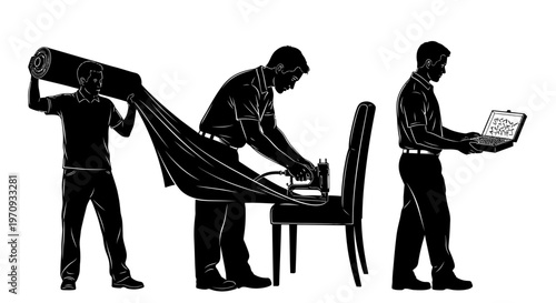 Three men are moving office furniture and equipment.