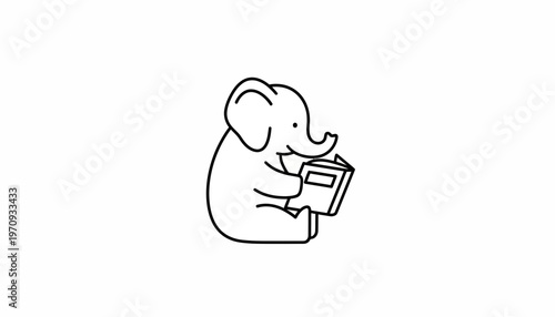 Cute Elephant Reading Book, Cartoon Style, White Background