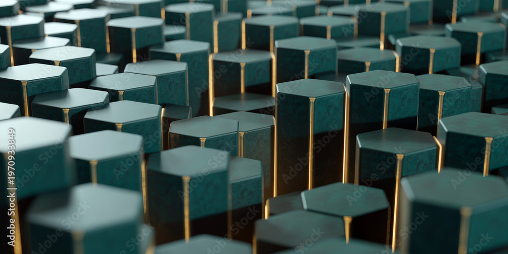 Fototapeta premium Green hexagonal cubes with glowing golden lines form a futuristic grid pattern in a digital environment emphasizing technology and innovation