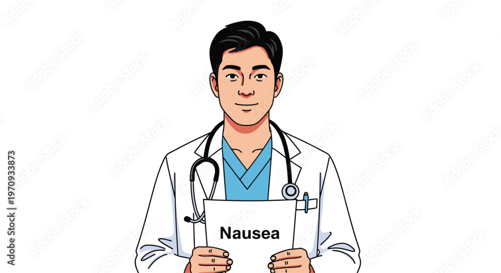 Fototapeta premium Male Doctor Holding Paper with Nausea Text Illustration.