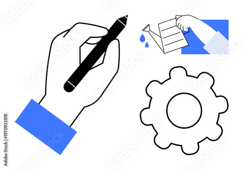Creativity, productivity, growth, innovation, planning, teamwork. A hand draws with a pen, a watering can nurturing ideas and a gear s processes. Creativity and productivity concept